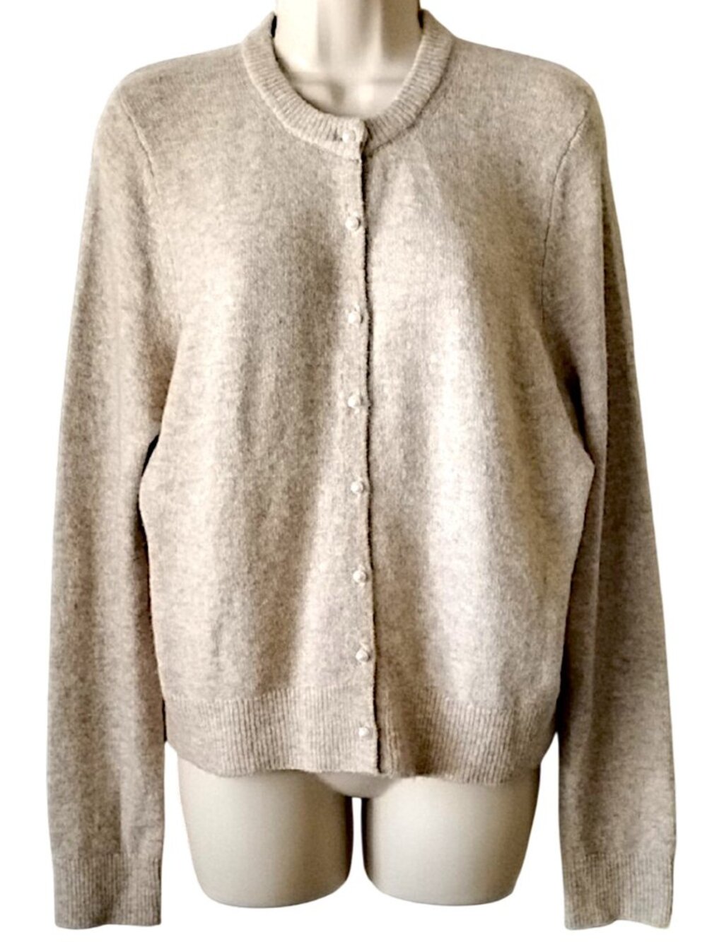 A&F Plush Merino Wool Blend Pearl Button Cardigan L Marled Beige